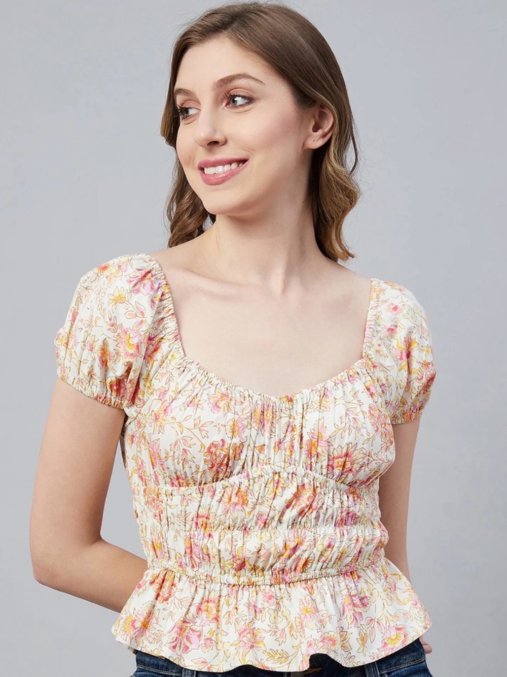 Sim & Sam Women’s Floral Smocked Peplum Top - 100% Cotton.  Size: Large